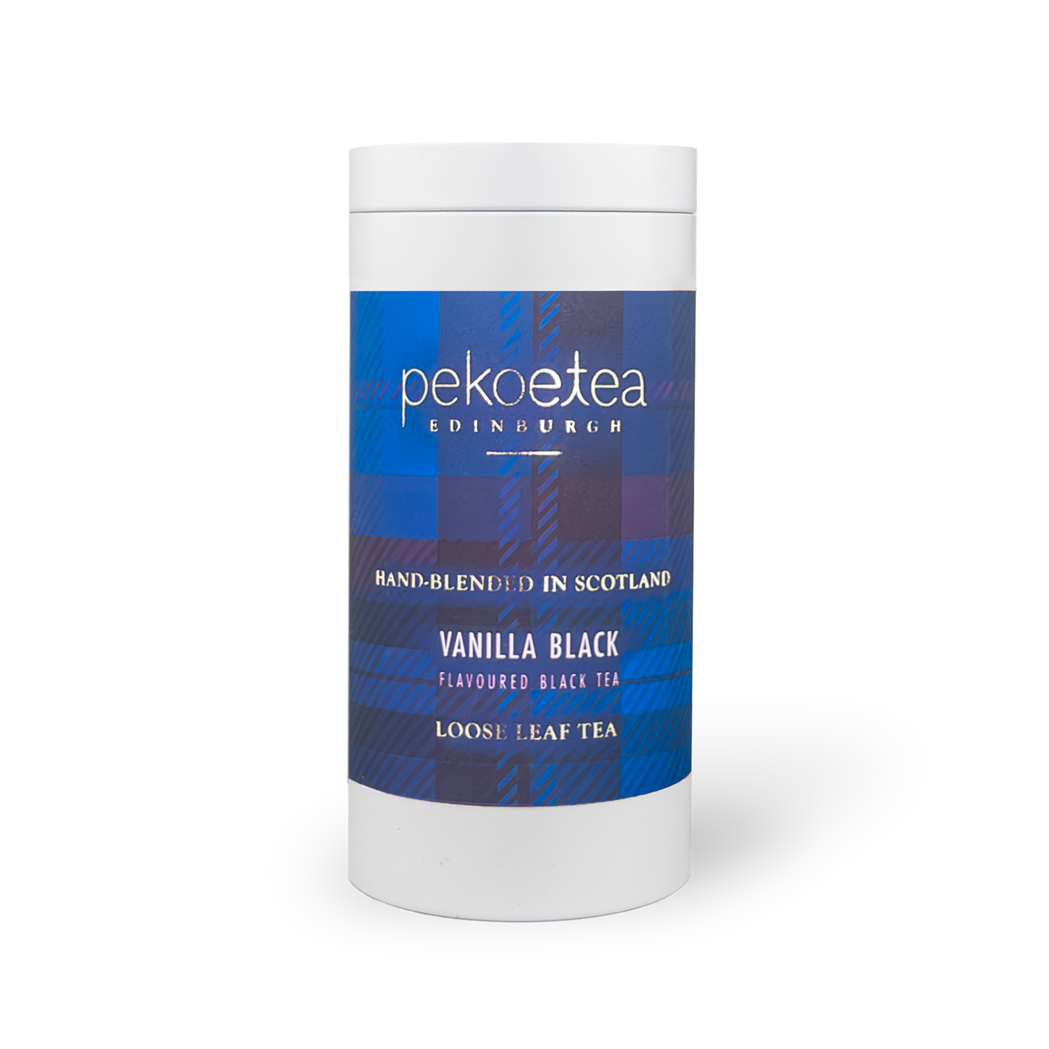 Pekoe Tea Edinburgh Vanilla Black loose leaf tea in white cylindrical tin