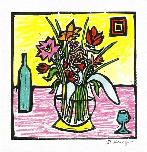 Vase Of Flowers With Bottle And Glass | Damian Henry Artist Printmaker