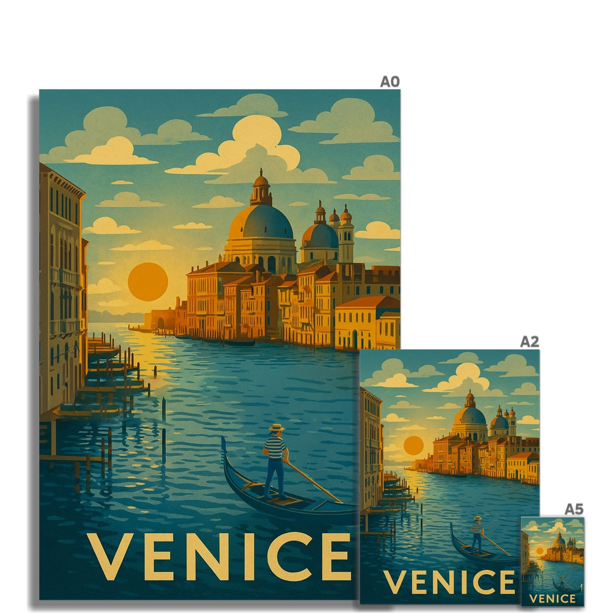 Venice gondola poster with golden dome and blue water fine art print