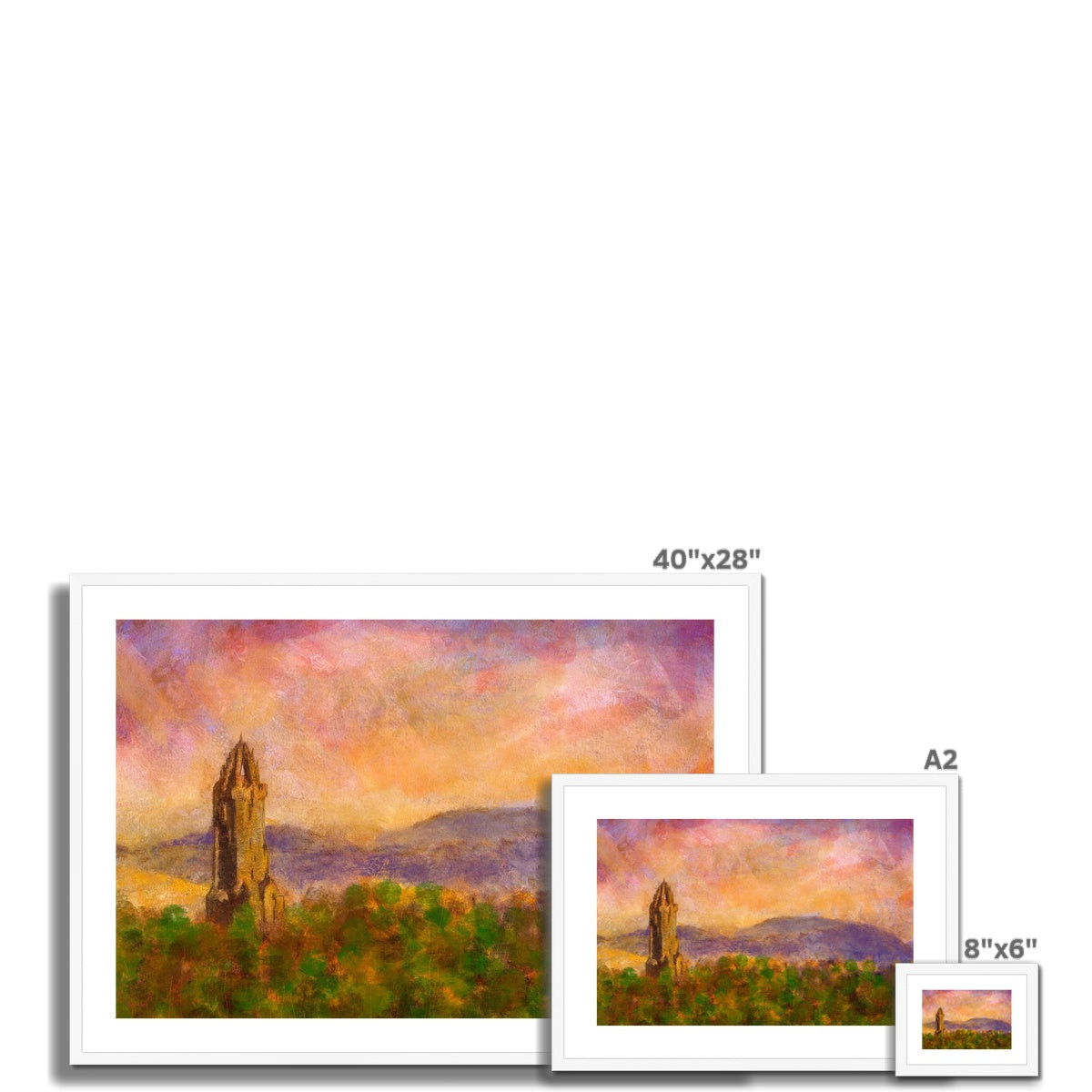 Set of three framed landscape paintings of Wallace Monument in colorful impressionistic style
