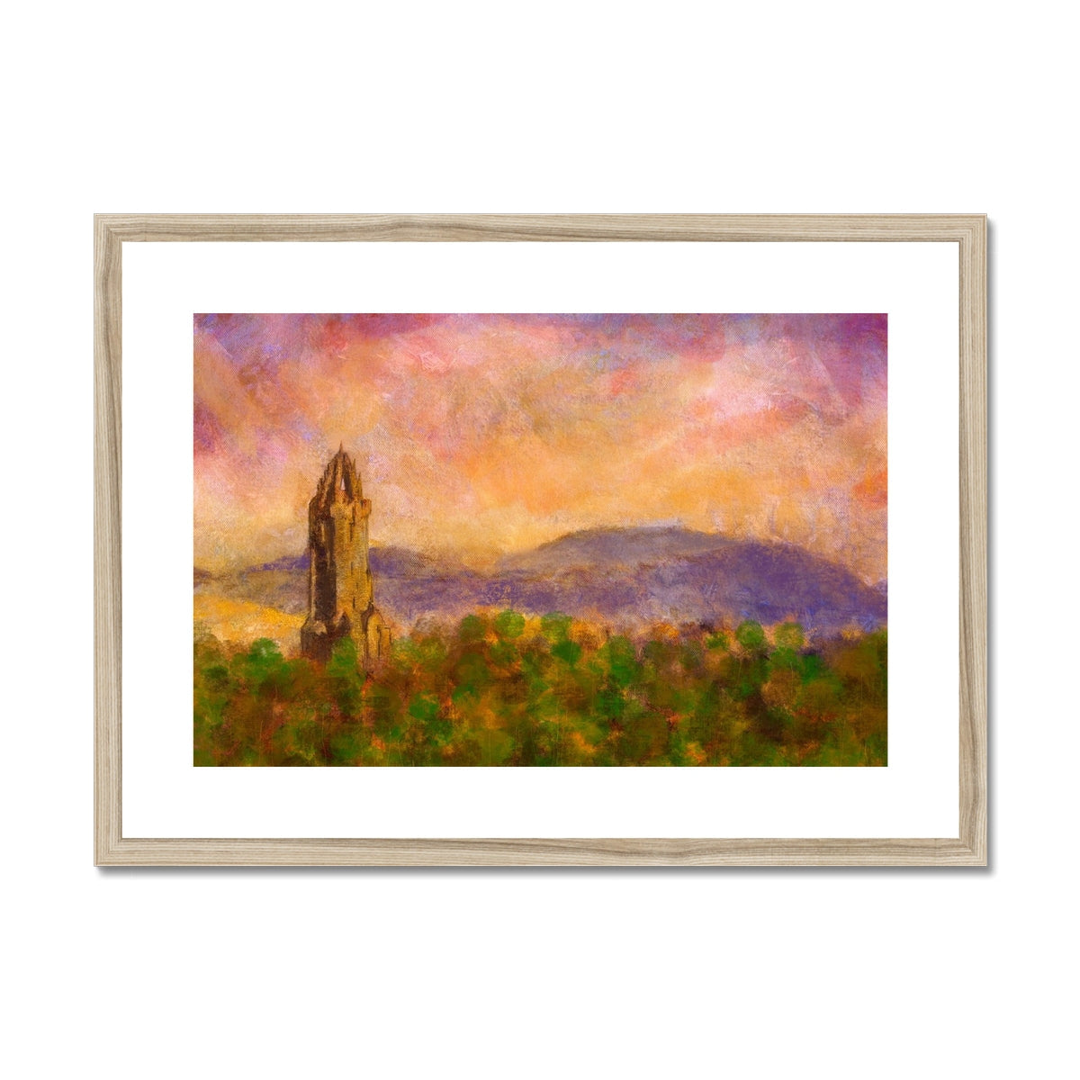 Impressionistic framed print of Wallace Monument with landscape at dusk