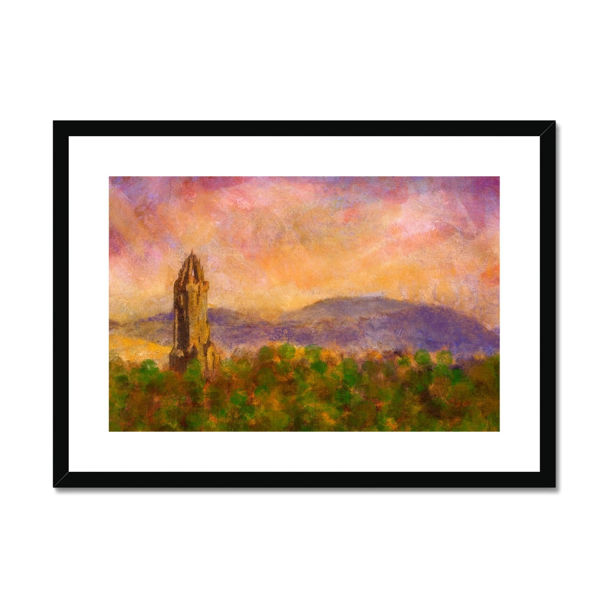 Framed Wallace Monument Dusk print showcasing a tower and mountains under a vibrant sky