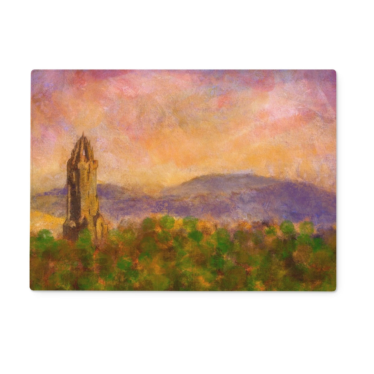 Wallace Monument Dusk Glass Chopping Board with landscape painting of tower, trees, mountains, and colorful sky