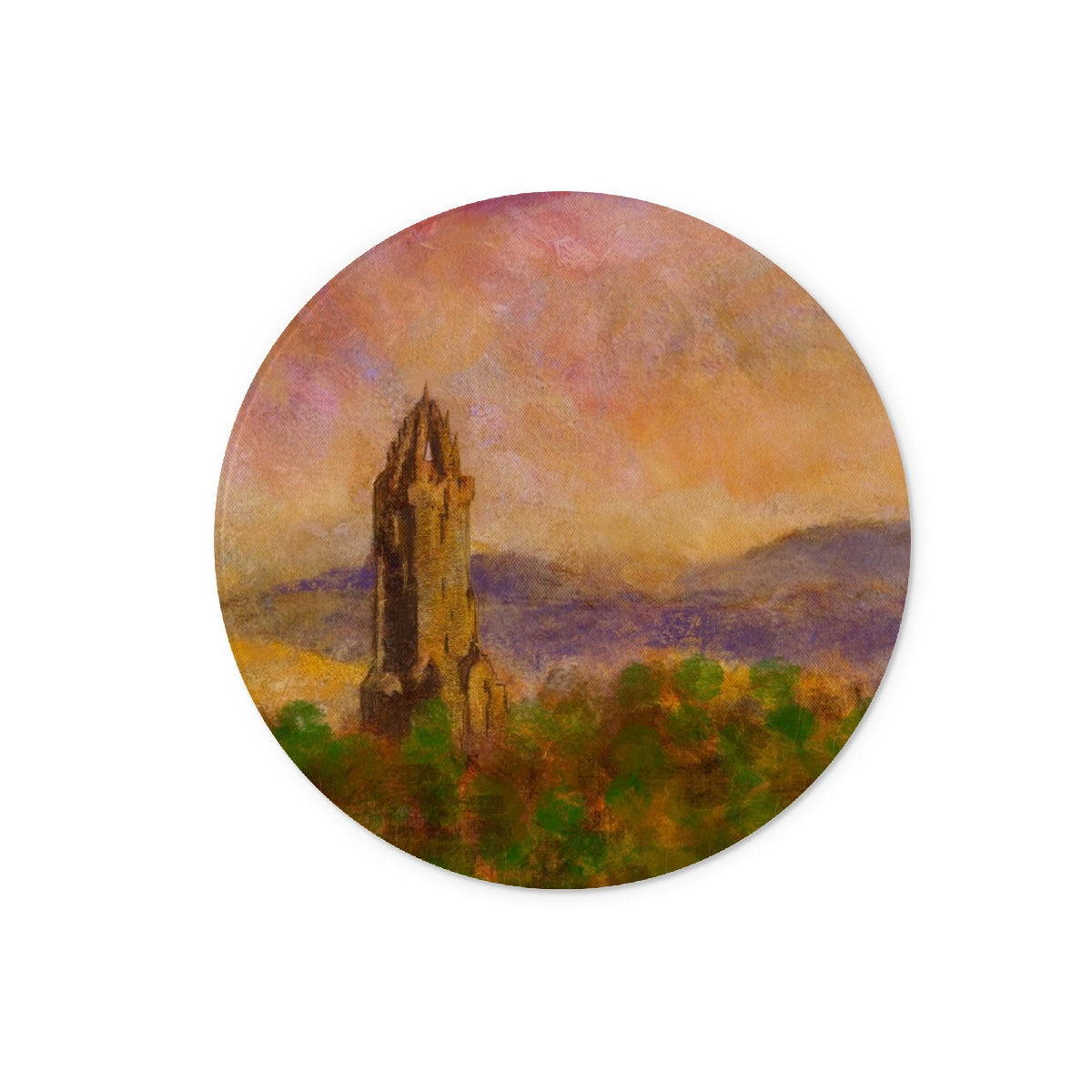 Circular sticker featuring a painting of Wallace Monument in a landscape on a glass chopping board