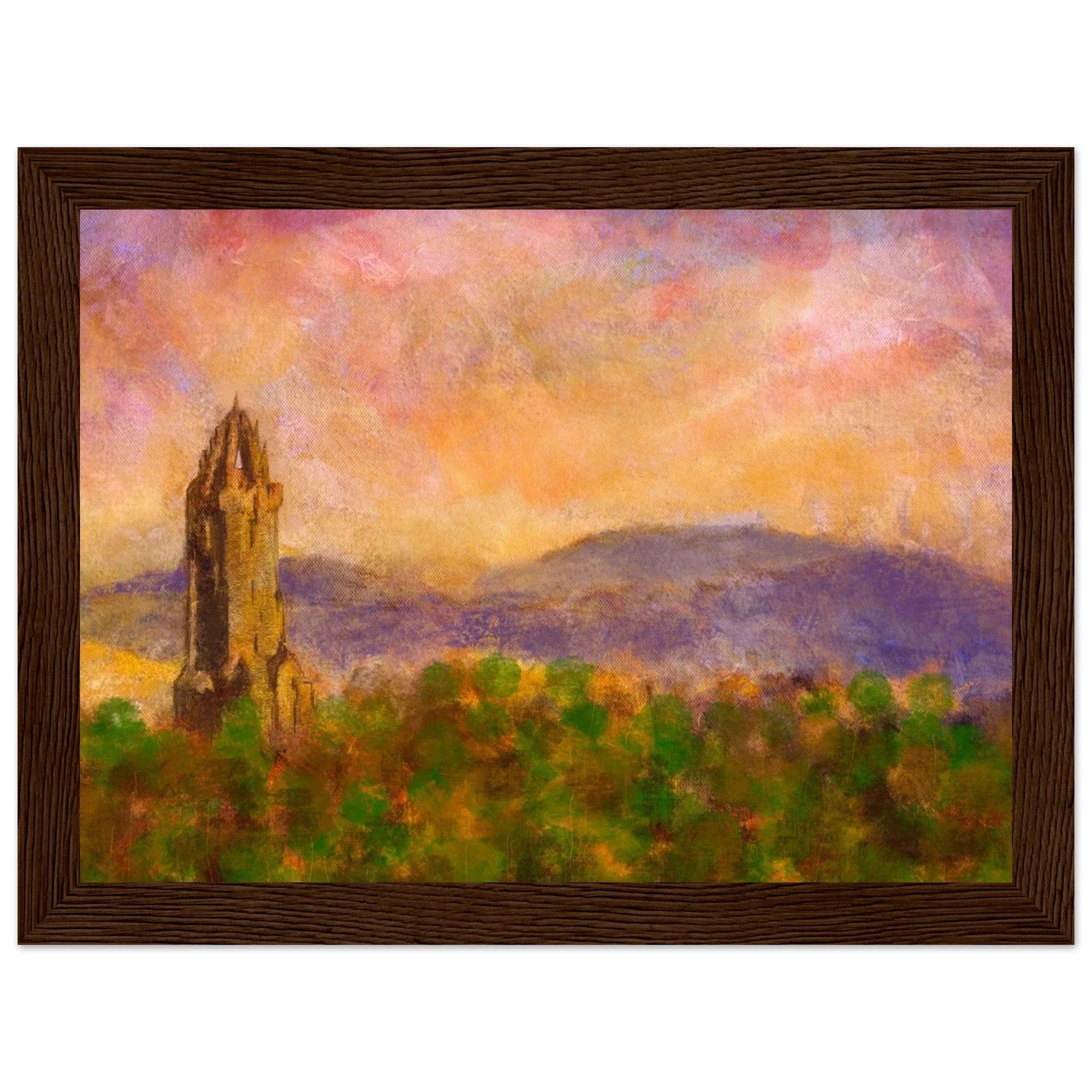 Framed Wallace Monument painting at dusk over autumn hills, Scotland