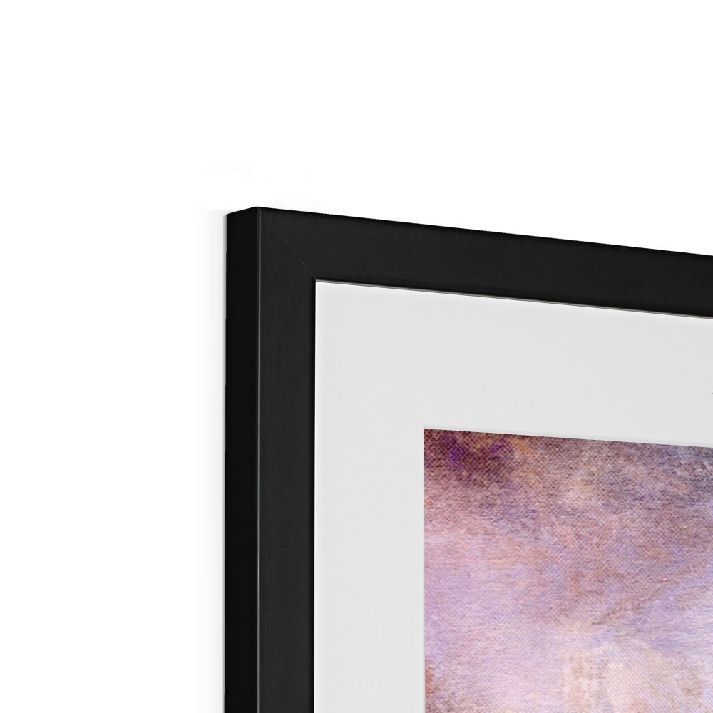 Black-framed Wallace Monument Moonlight print with white mat and colorful abstract artwork