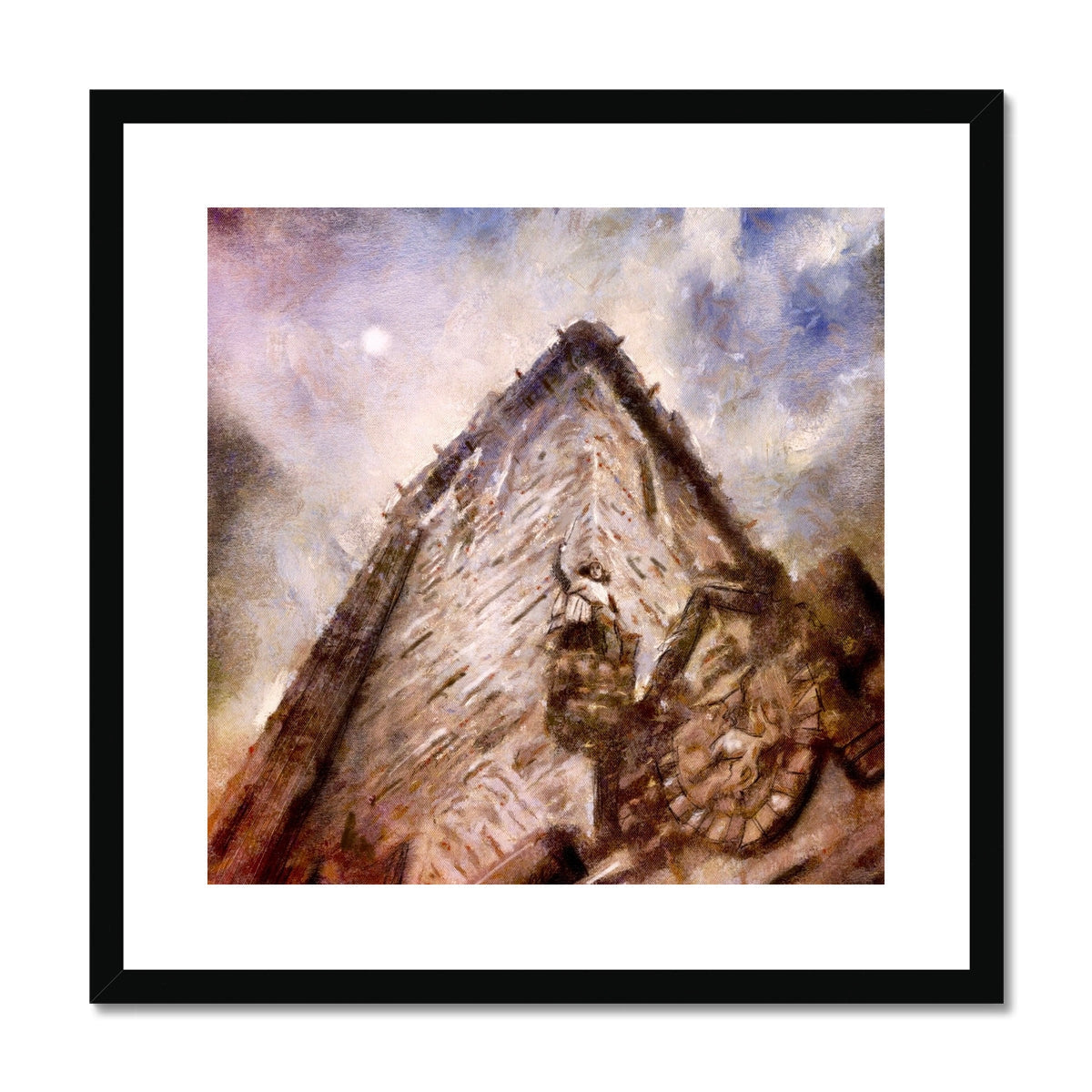 Framed expressionistic painting of a building with steep roof for Wallace Monument Moonlight print