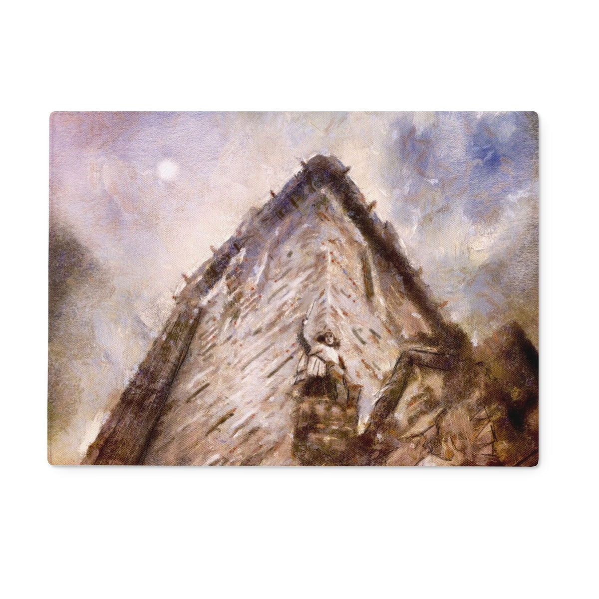 Painting of a steep-roofed angular building under a dramatic sky on Wallace Monument Moonlight Glass Chopping Board