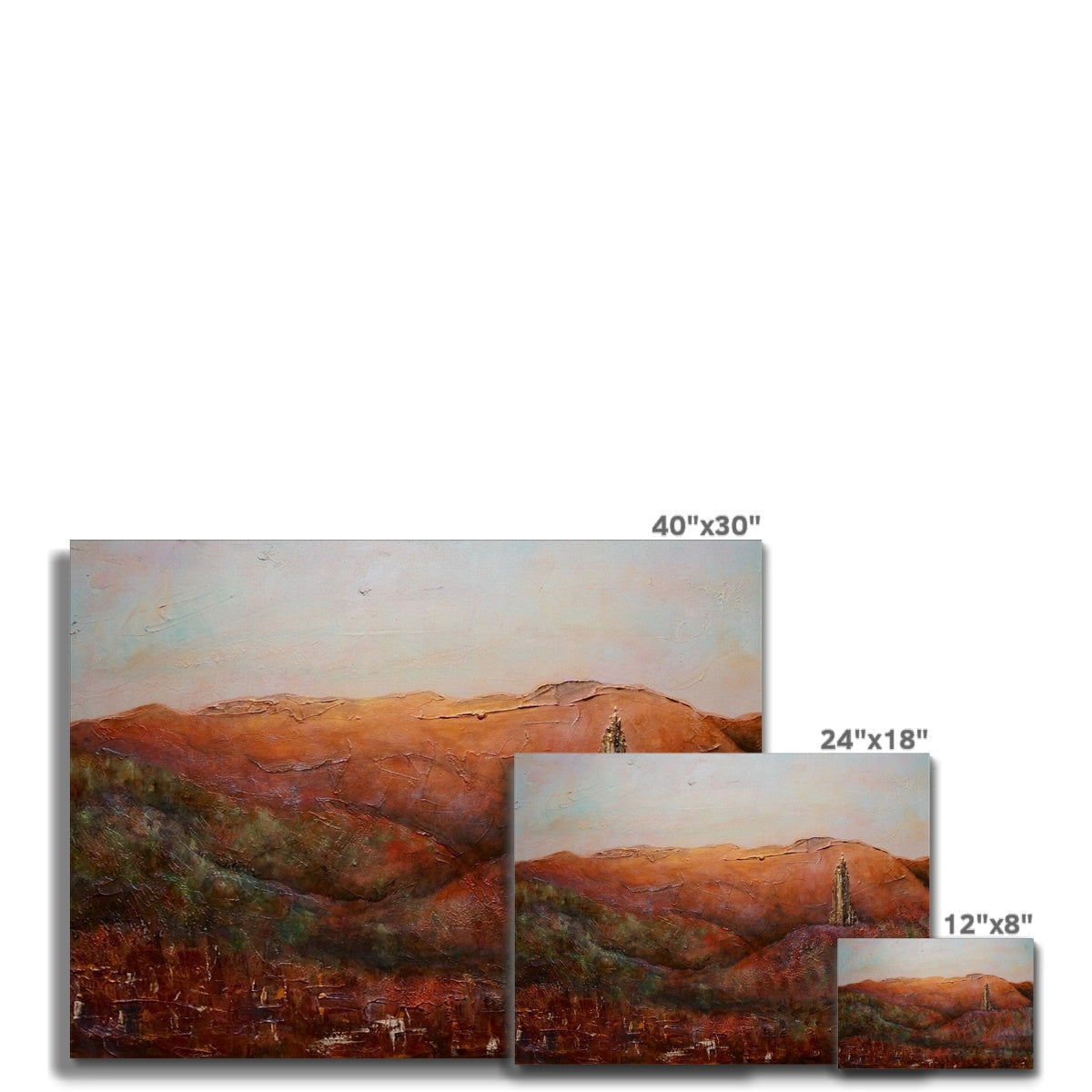 Three canvas prints of a landscape painting titled The Wallace Monument From Stirling Castle