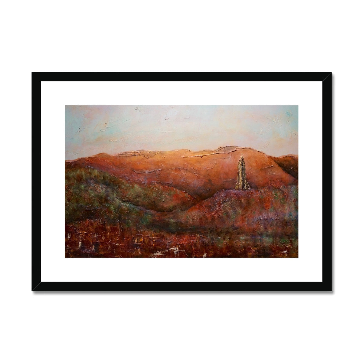 Impressionistic landscape painting of hills and a tall slender structure, Wallace Monument print