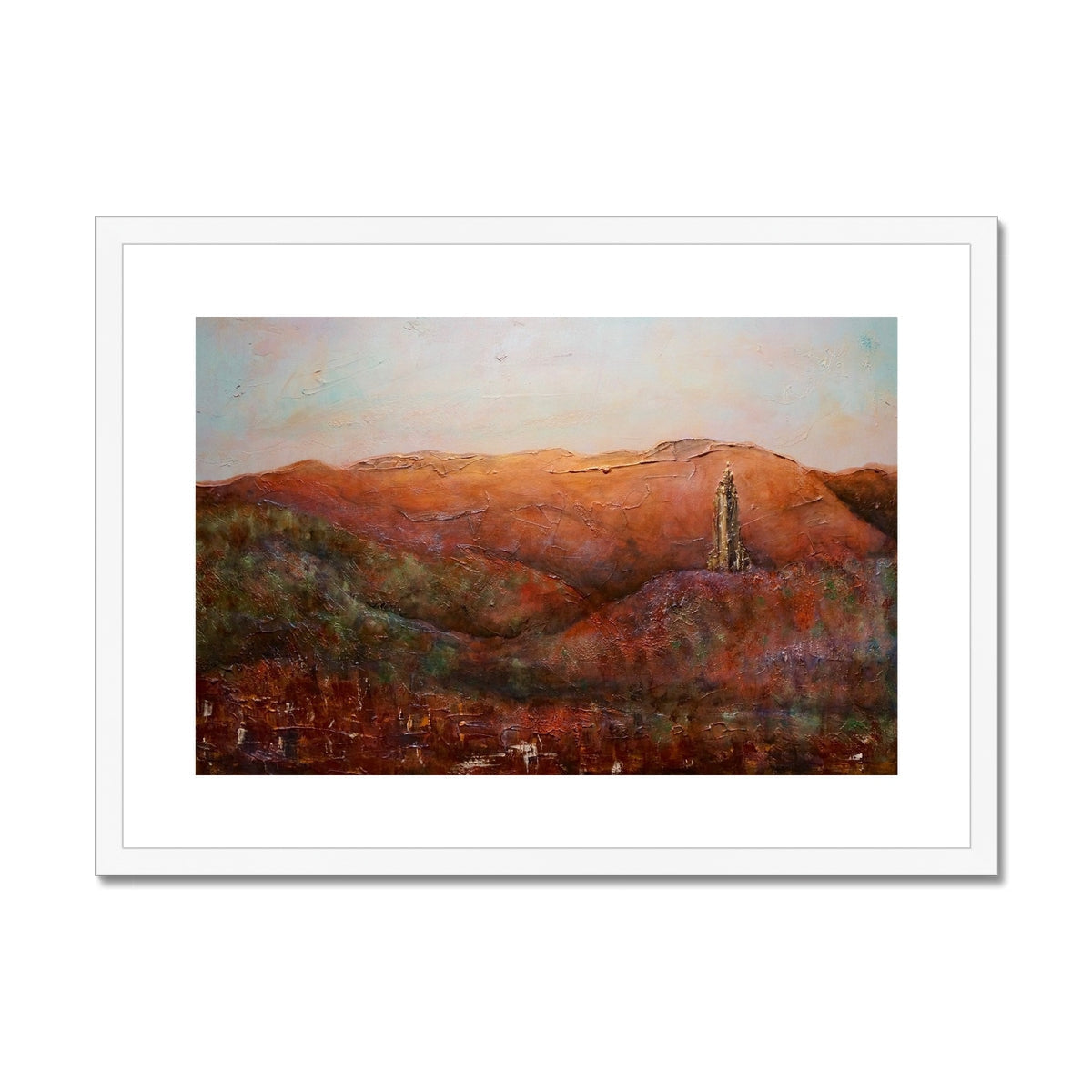 Framed impressionistic landscape print featuring hills lighthouse and town from Stirling Castle