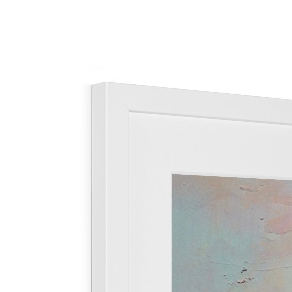 White framed print of an abstract painting showcasing The Wallace Monument from Stirling Castle