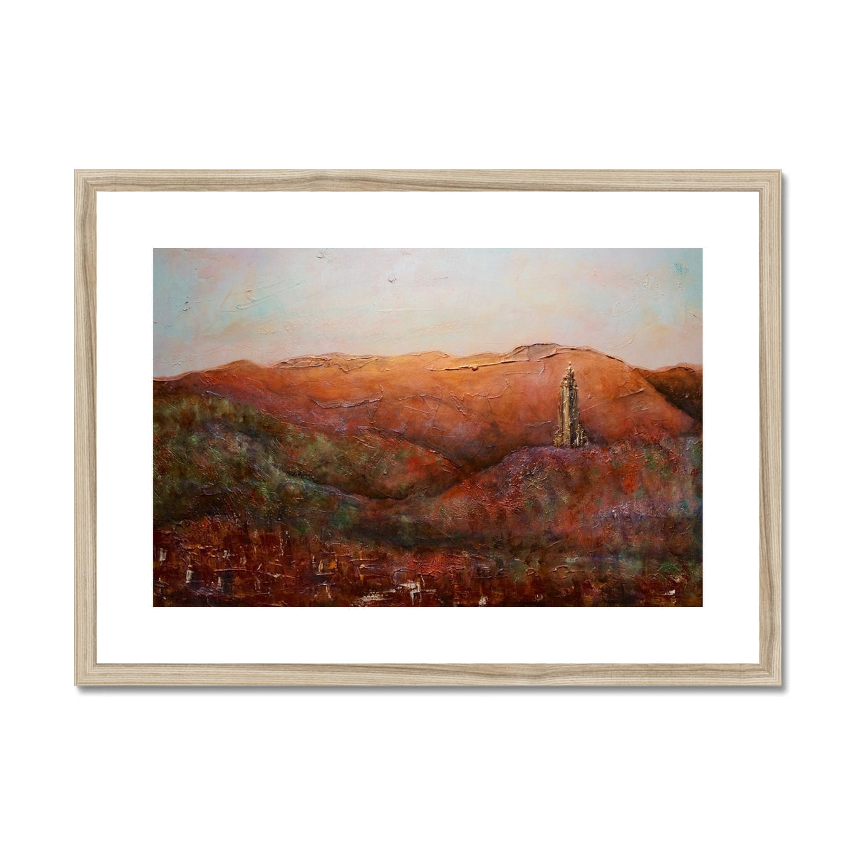 Framed print of a mountainous landscape with the Wallace Monument from Stirling Castle