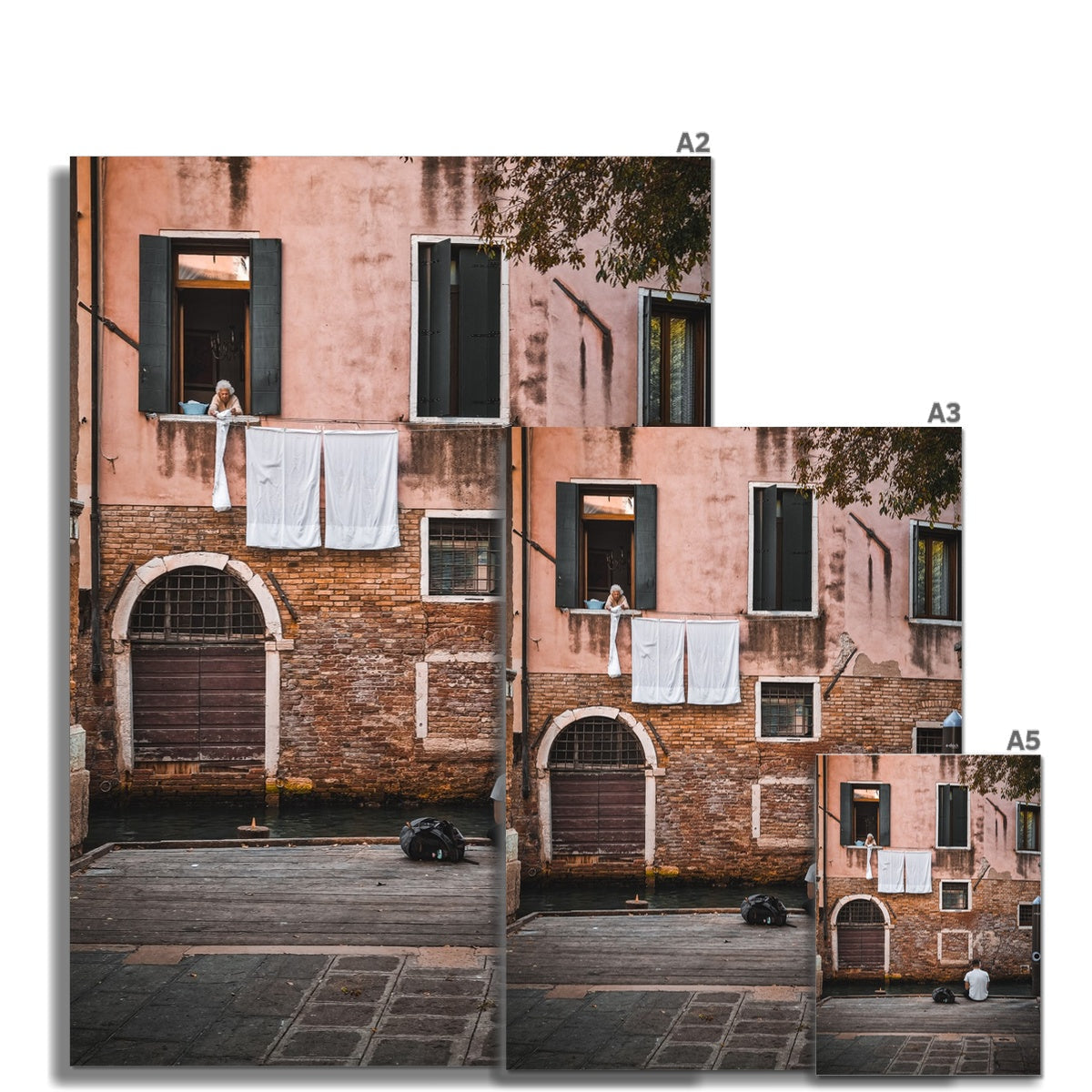 Pink brick Venice building with green shutters and white laundry, fine art print
