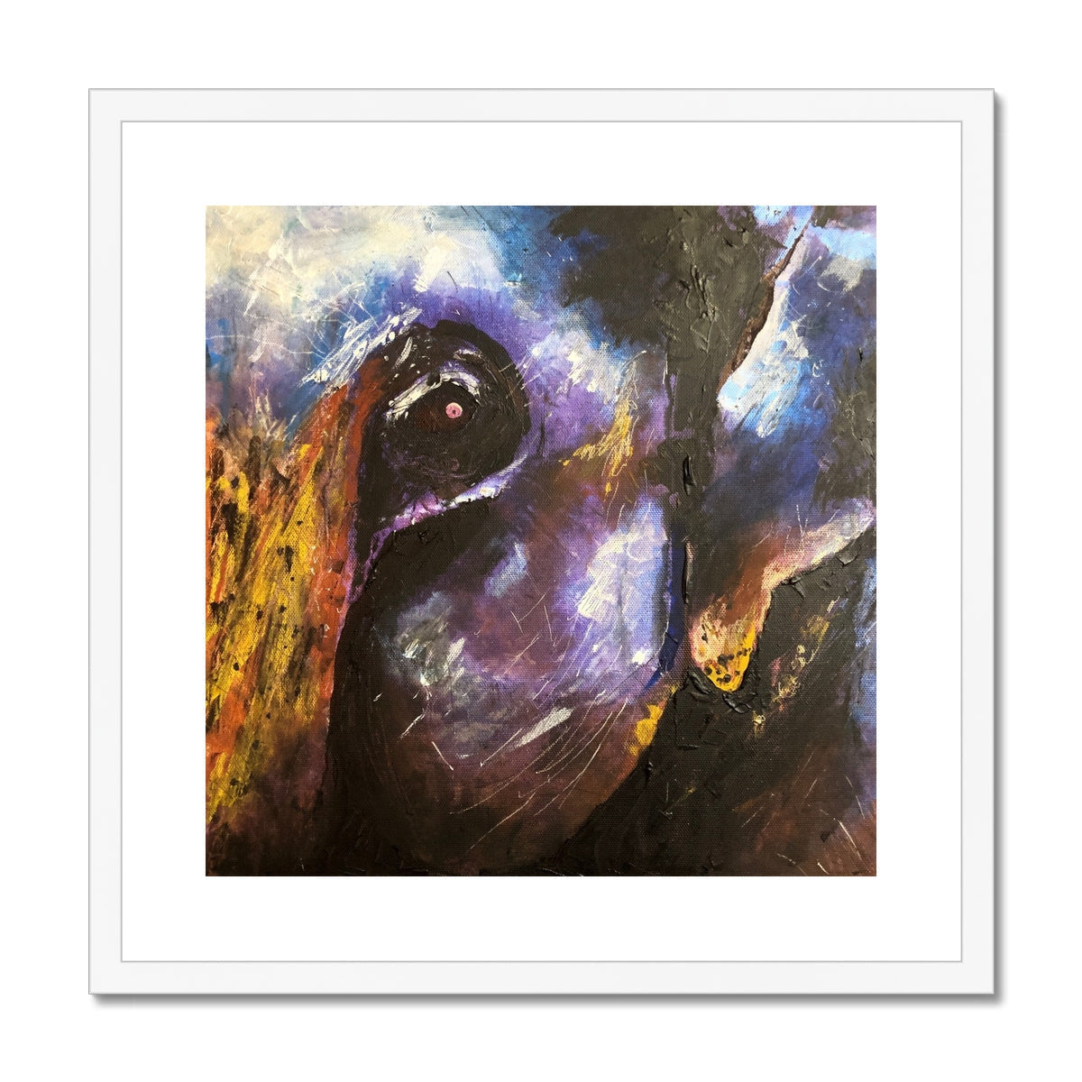 Purple and black abstract dogs face art print in white frame, The Watchful Elephant