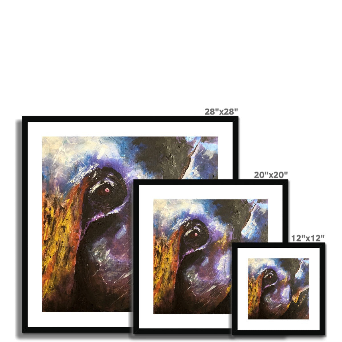 28x28 inch black-framed The Watchful Elephant abstract art print in purple yellow hues