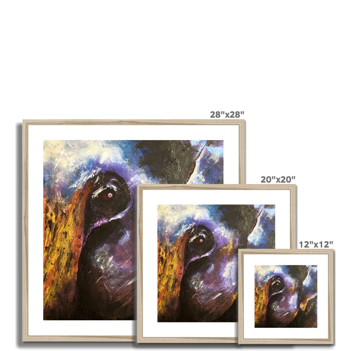 28x28 inch framed abstract painting in purple black tones gold frame The Watchful Elephant
