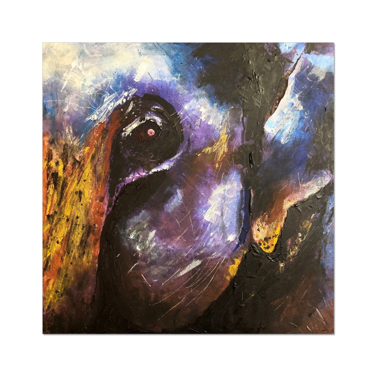 Black Cat Painting with Purple Blue Accents in The Watchful Elephant Artist Proof Print
