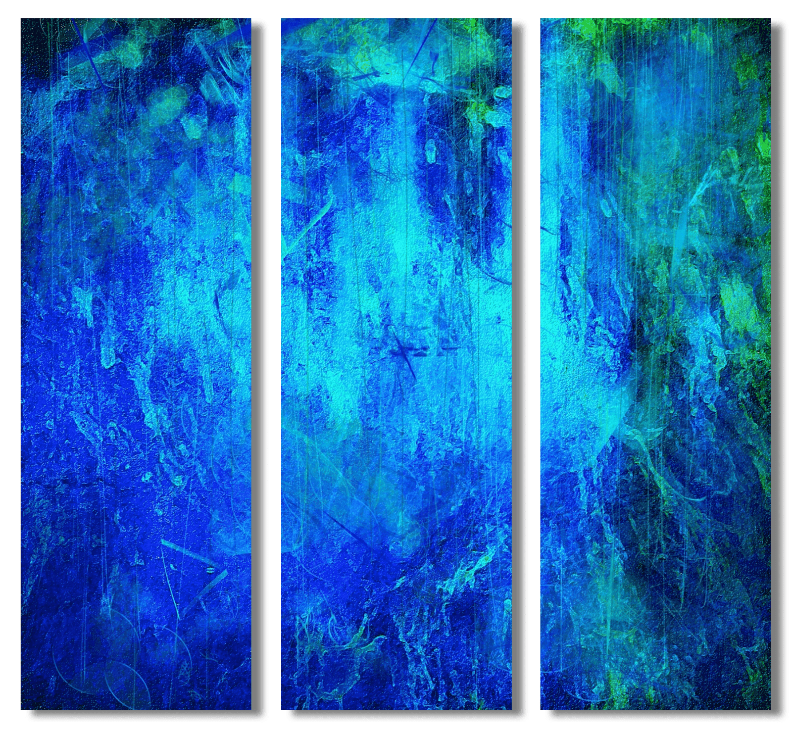Abstract blue and green triptych artwork for Waterfall Abstract Triptych Interior Wall Art from Scotland