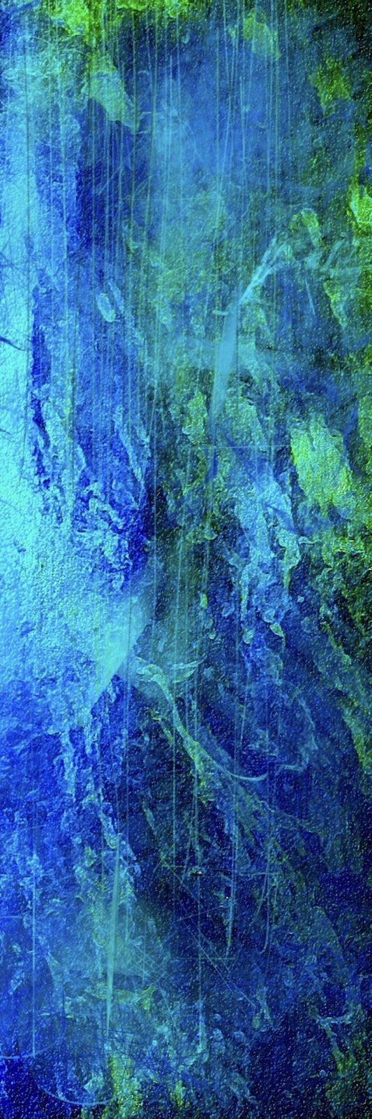 Abstract vertical artwork with deep blues aquas and green streaks for Waterfall Triptych Wall Art