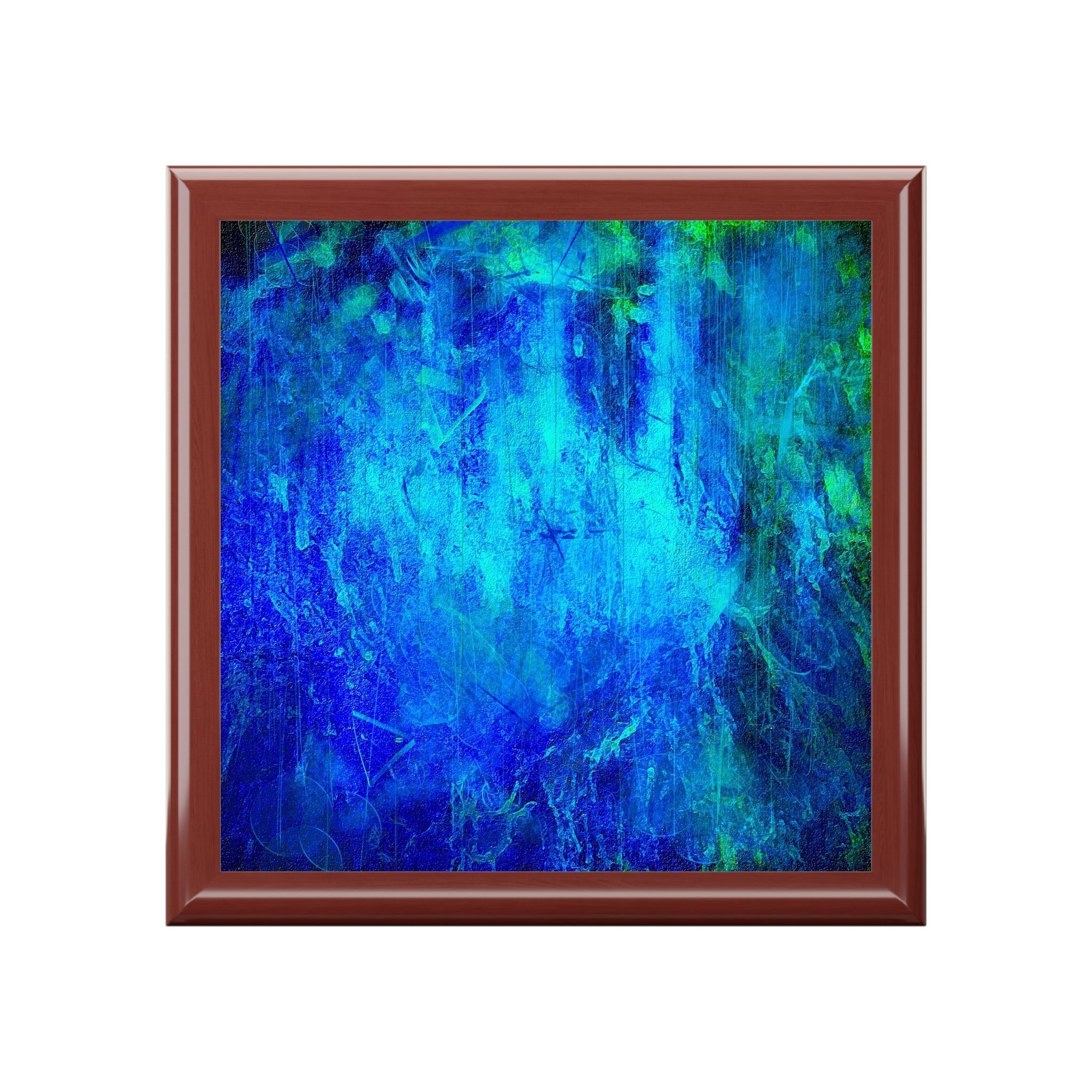Framed abstract painting with blue and green shades displayed in The Waterfall Art Jewellery Box Scotland