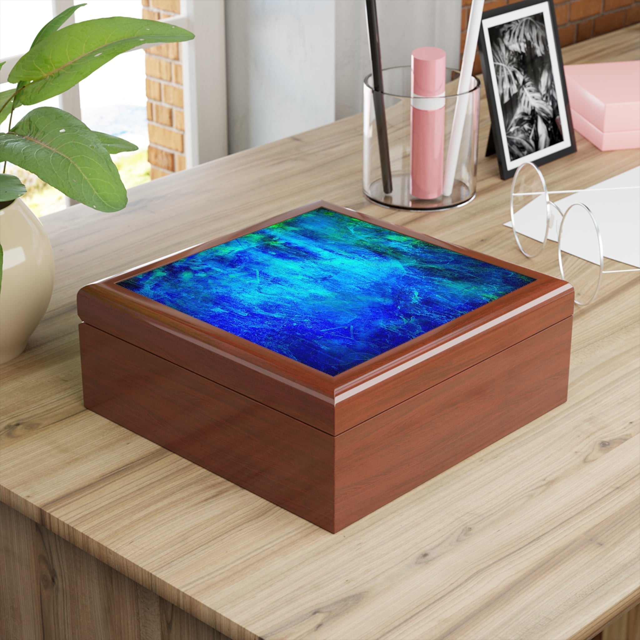 Wooden keepsake box with vibrant blue and green abstract design from The Waterfall collection
