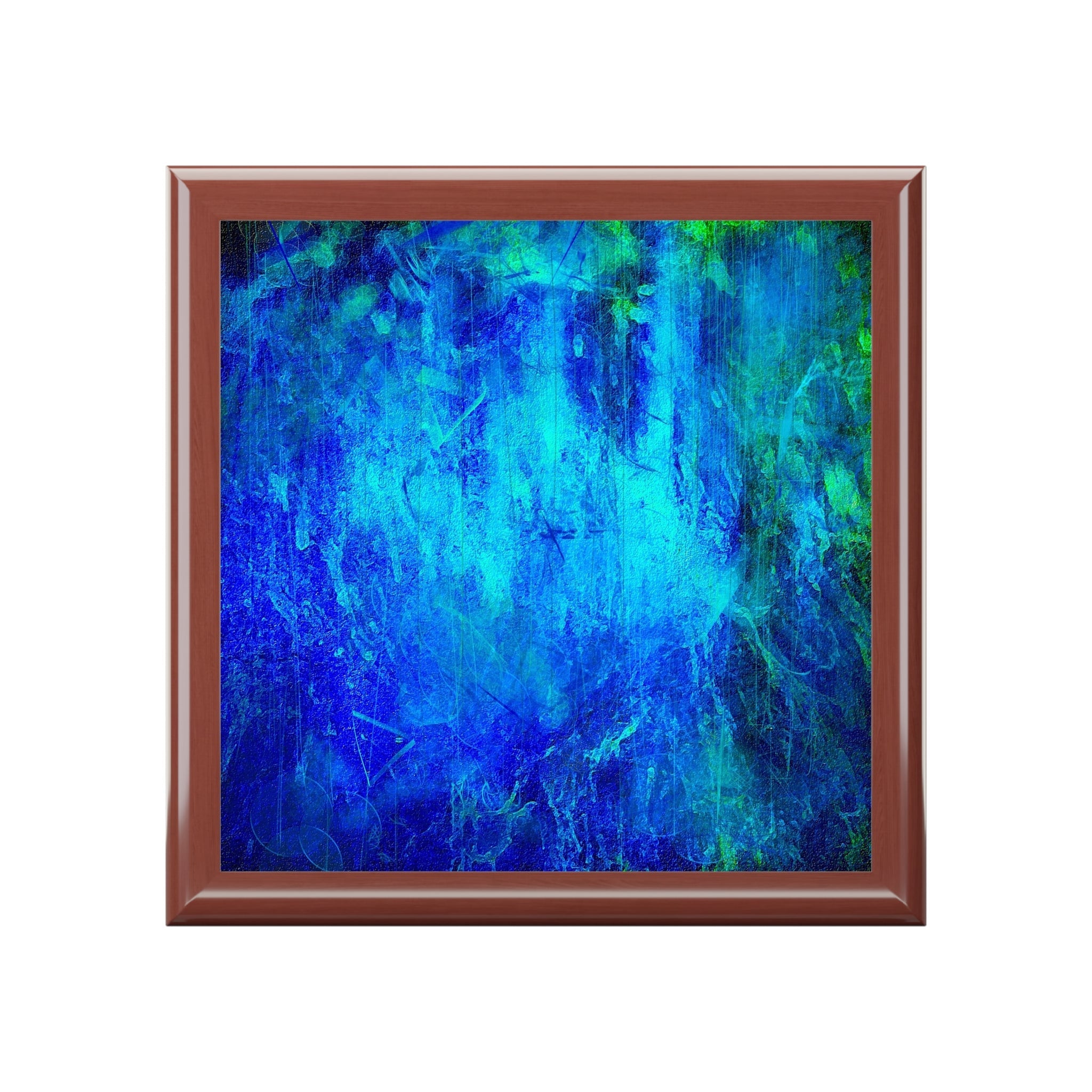 Abstract blue and green painting in a brown frame on The Waterfall Art Jewellery Box Scotland