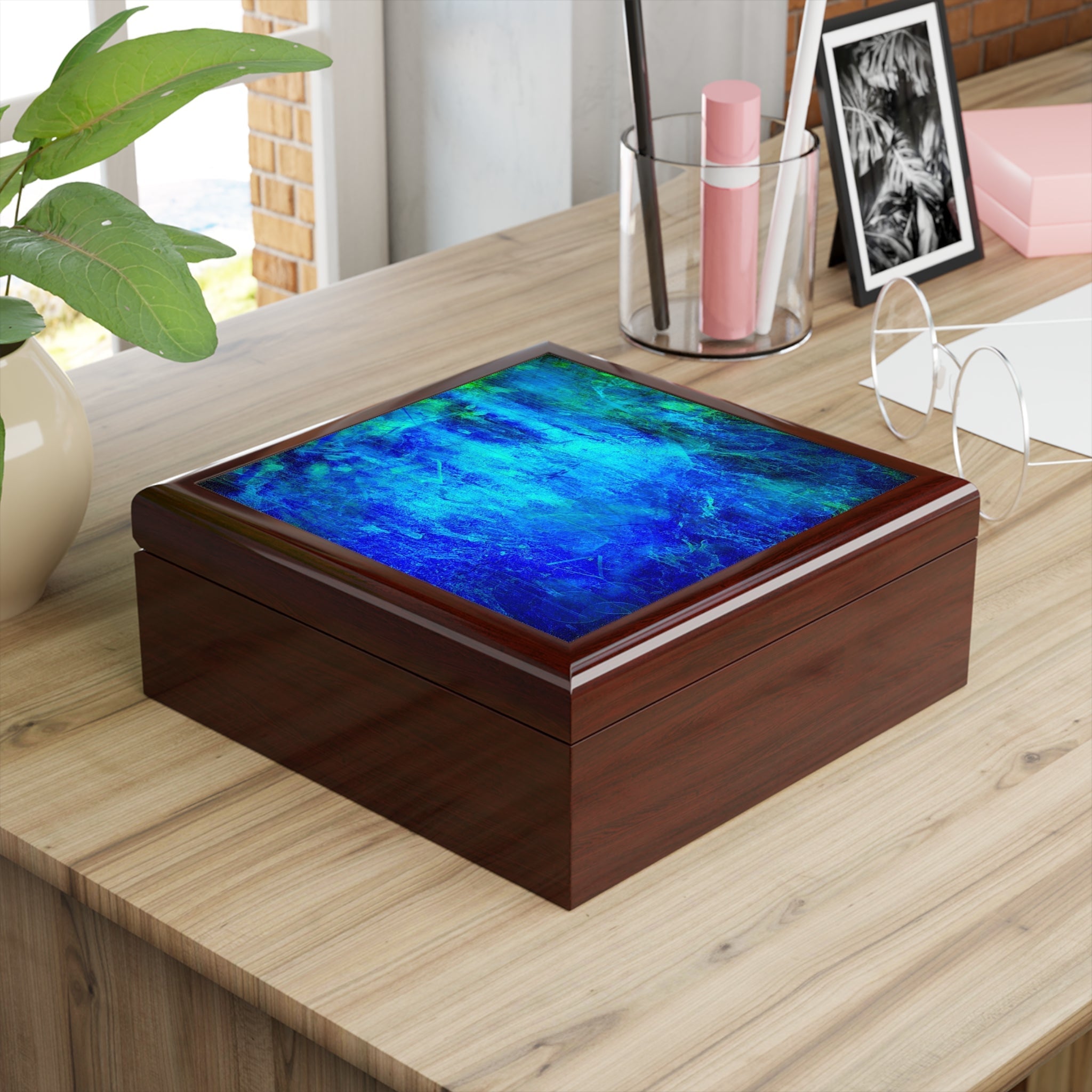 Dark wood keepsake box with vibrant blue and green abstract design on lid for The Waterfall Art Jewellery Box Scotland