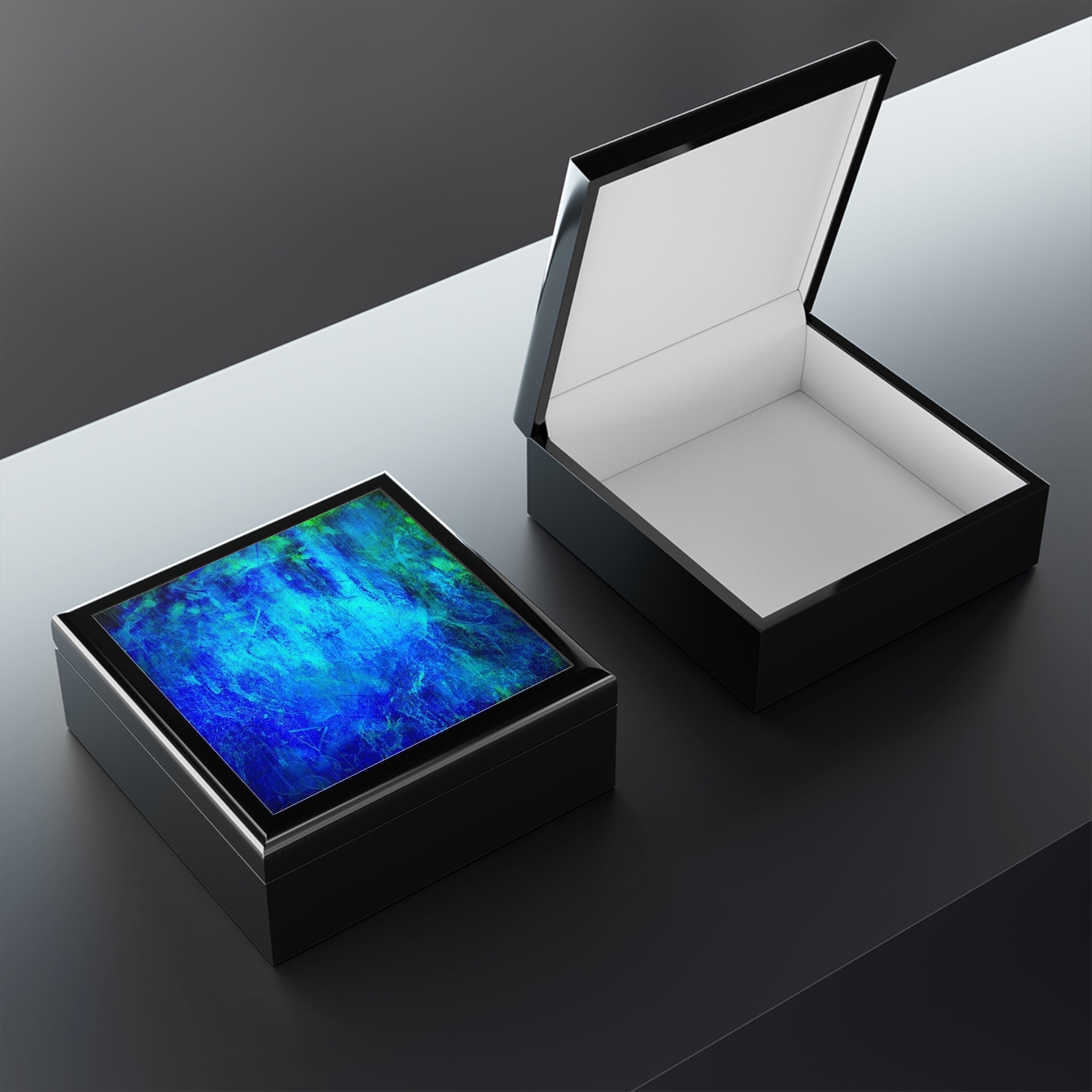Black art jewellery gift boxes Scotland with blue abstract design and white interior
