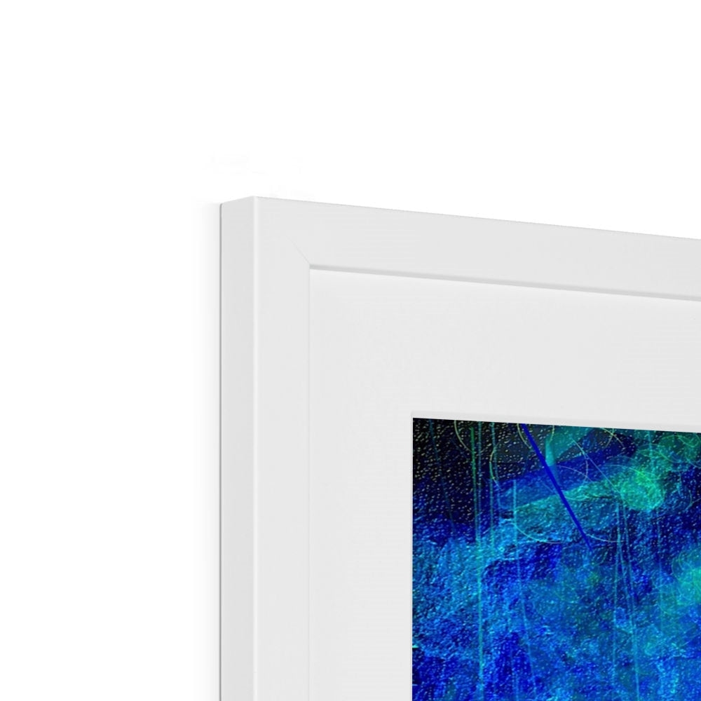 White framed abstract The Waterfall Art Print in blue green hues