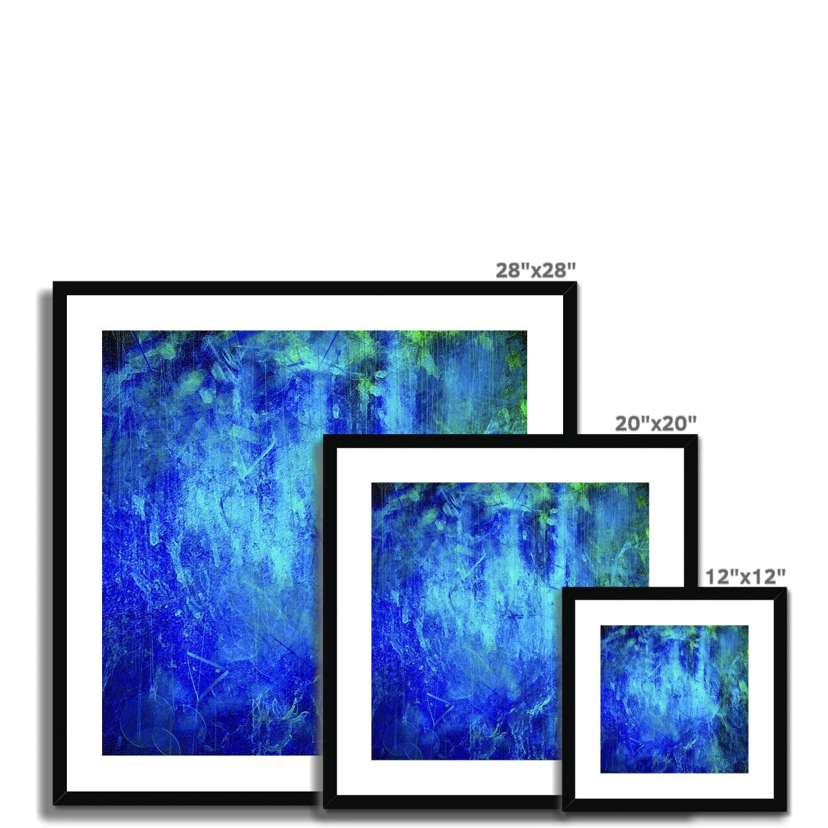 28x28 inch framed The Waterfall abstract art print in blue green hues black frame