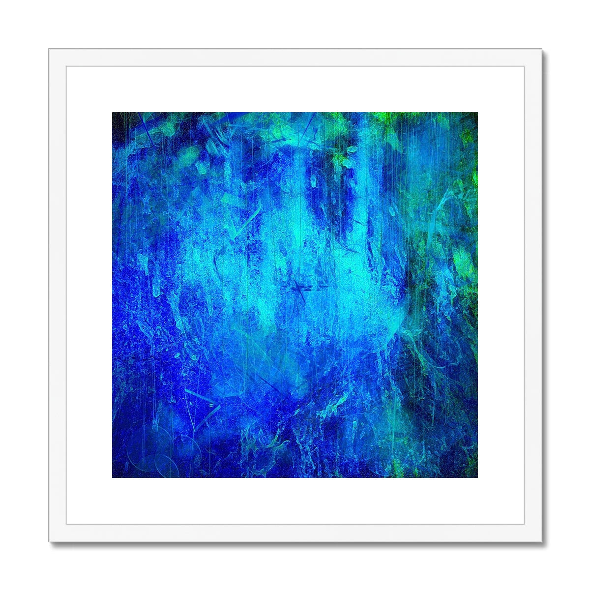 Blue and green abstract waterfall art print in white frame