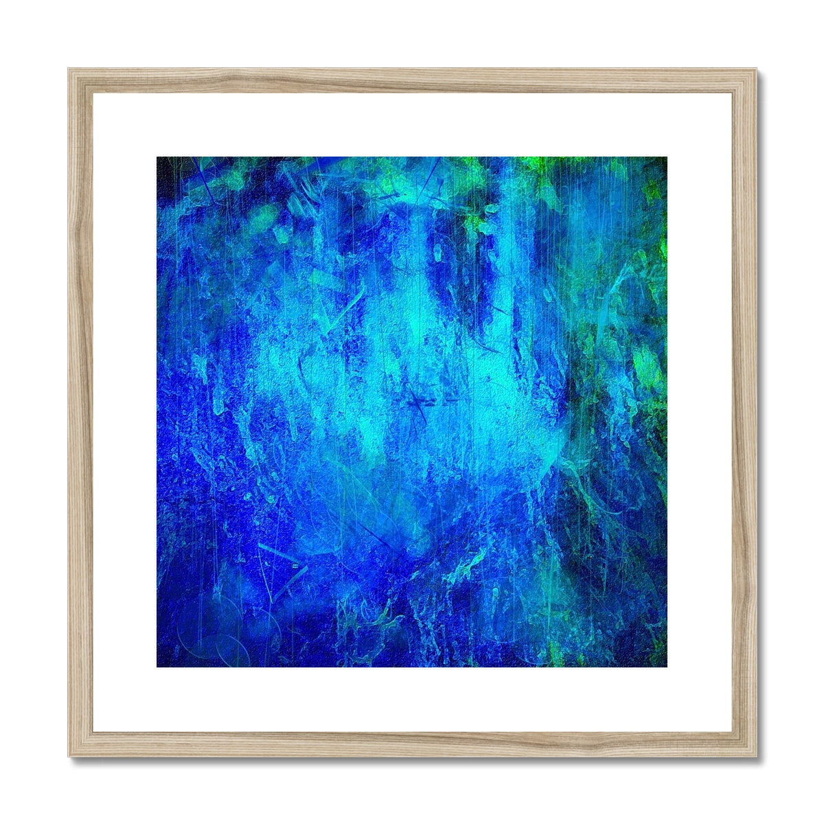 Blue and green abstract waterfall painting in wooden frame