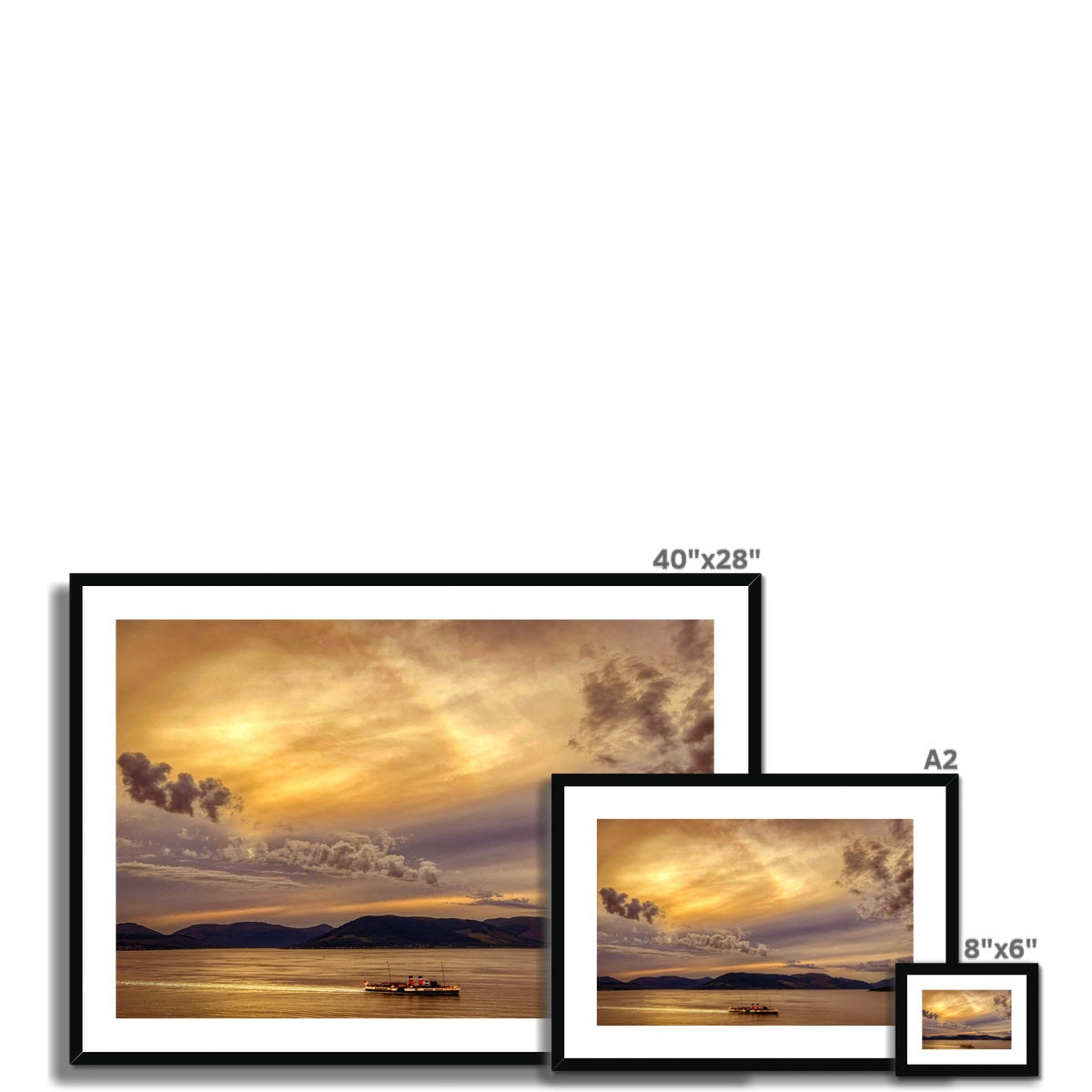 Framed 40x28 sunset landscape print in black frame with white mat