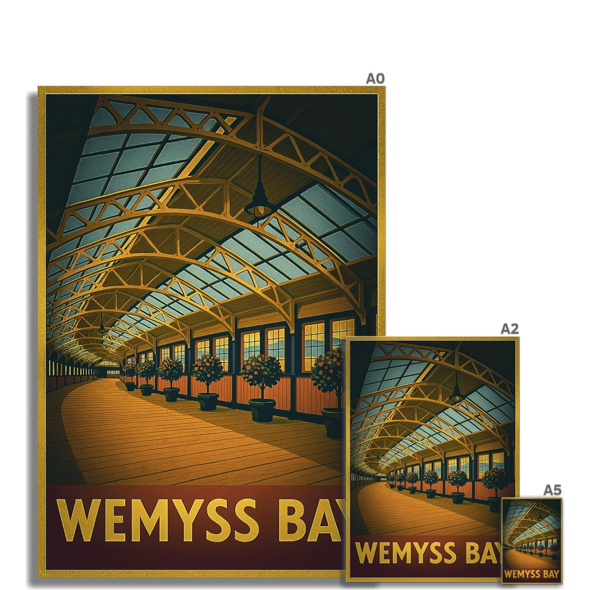 Wemyss Bay poster with glass roof, wooden floor, gold text on brown background, fine art print