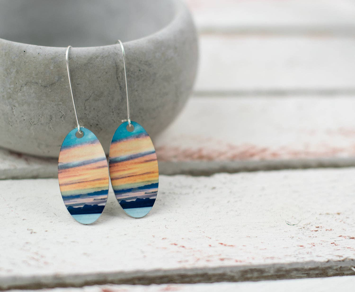 Oval sunset-striped aluminum and silver earrings by Cath Waters, Trotternish Isle of Skye