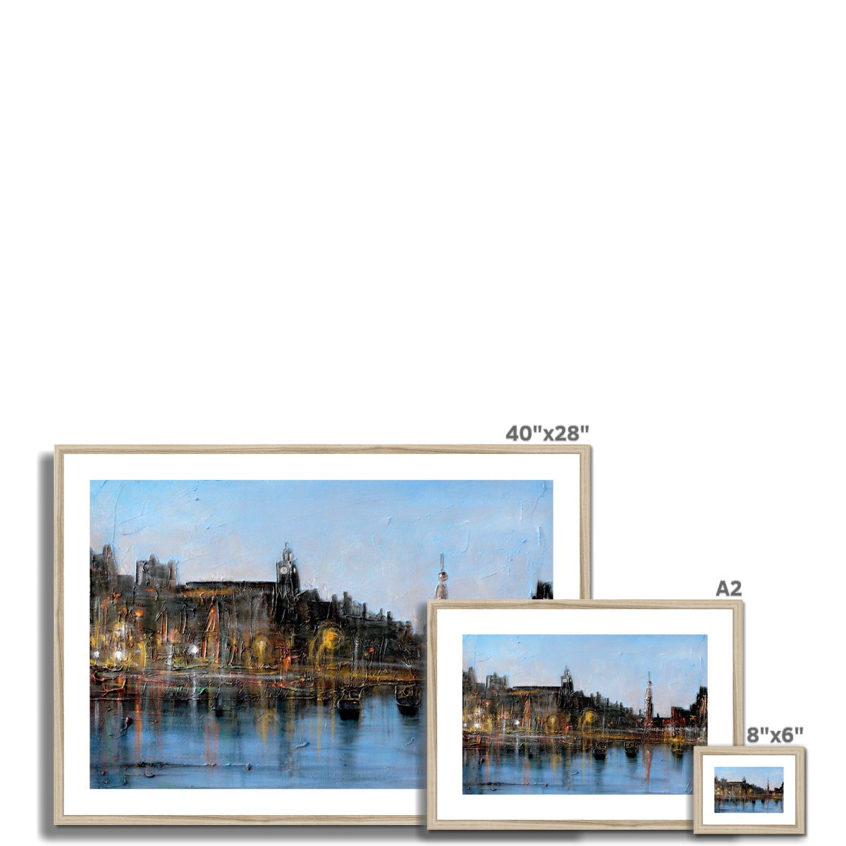 40x28 inch framed Winter In Amsterdam canvas print with golden-lit cityscape reflections
