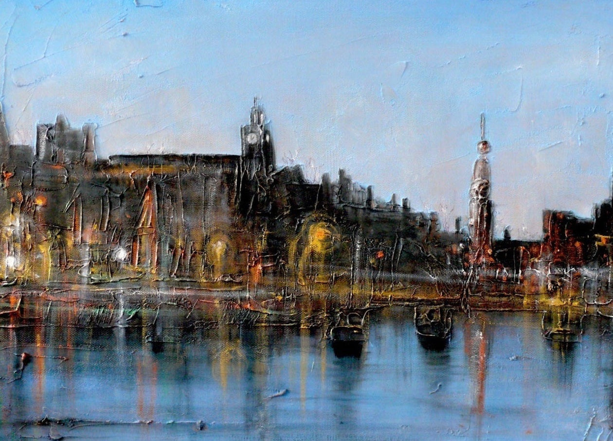 Impressionistic cityscape painting of Amsterdam for Winter In Amsterdam Original Painting