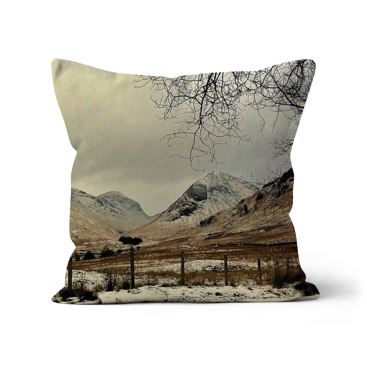 Winter In Glencoe Cushion: Snowy Mountains & Bare Trees Pillow