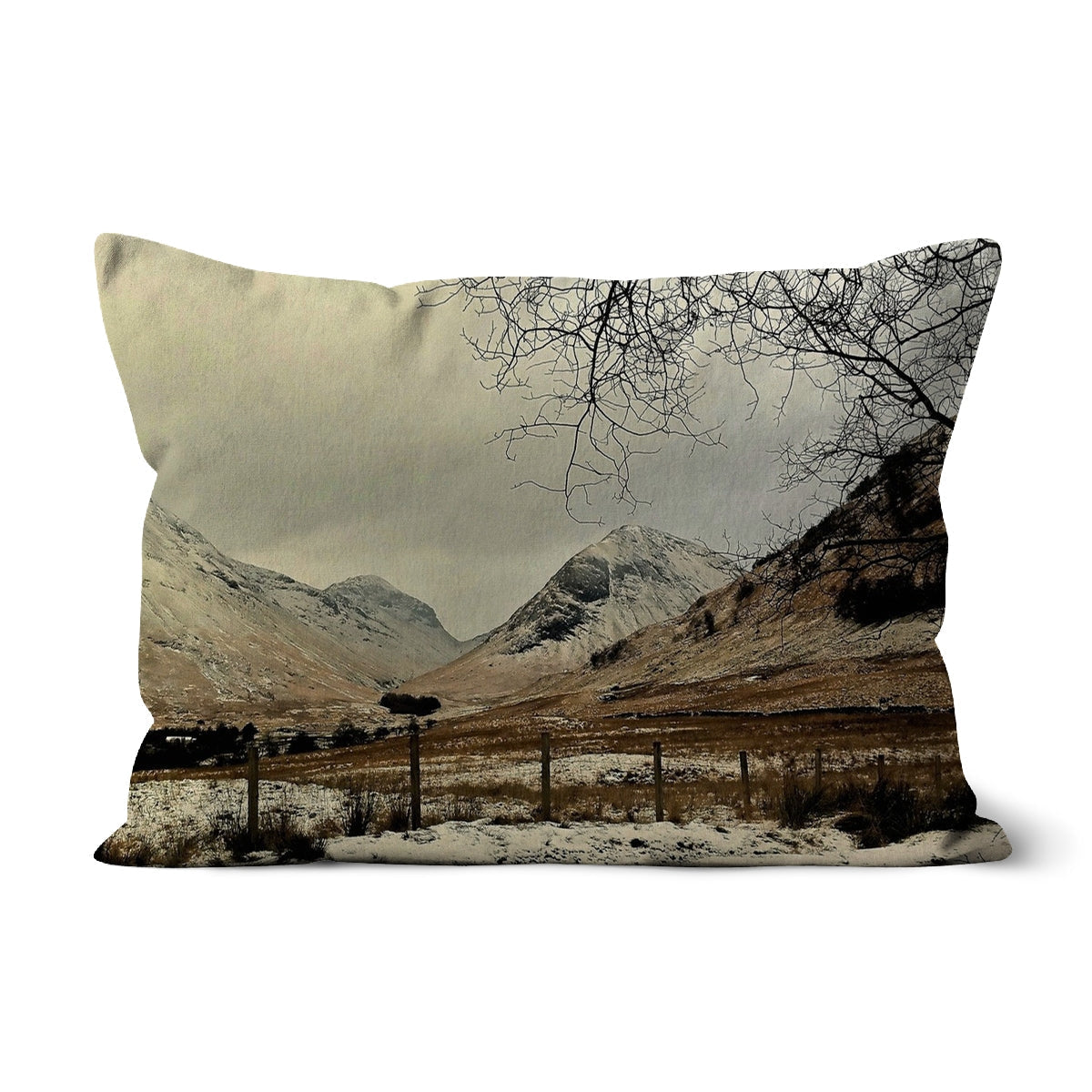 Winter In Glencoe Cushion: Beige with Mountain Landscape, Brown Branches, Snow Details