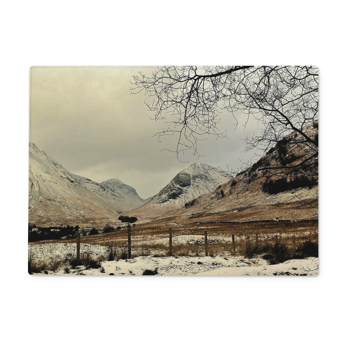 Winter In Glencoe glass chopping board with mountain landscape coaster
