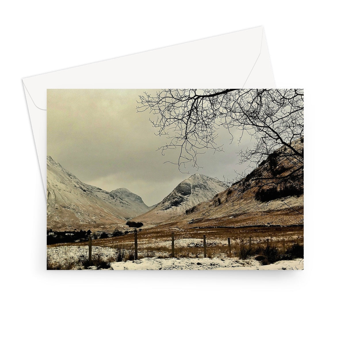 Winter In Glencoe greeting card with snow-covered peaks and bare trees