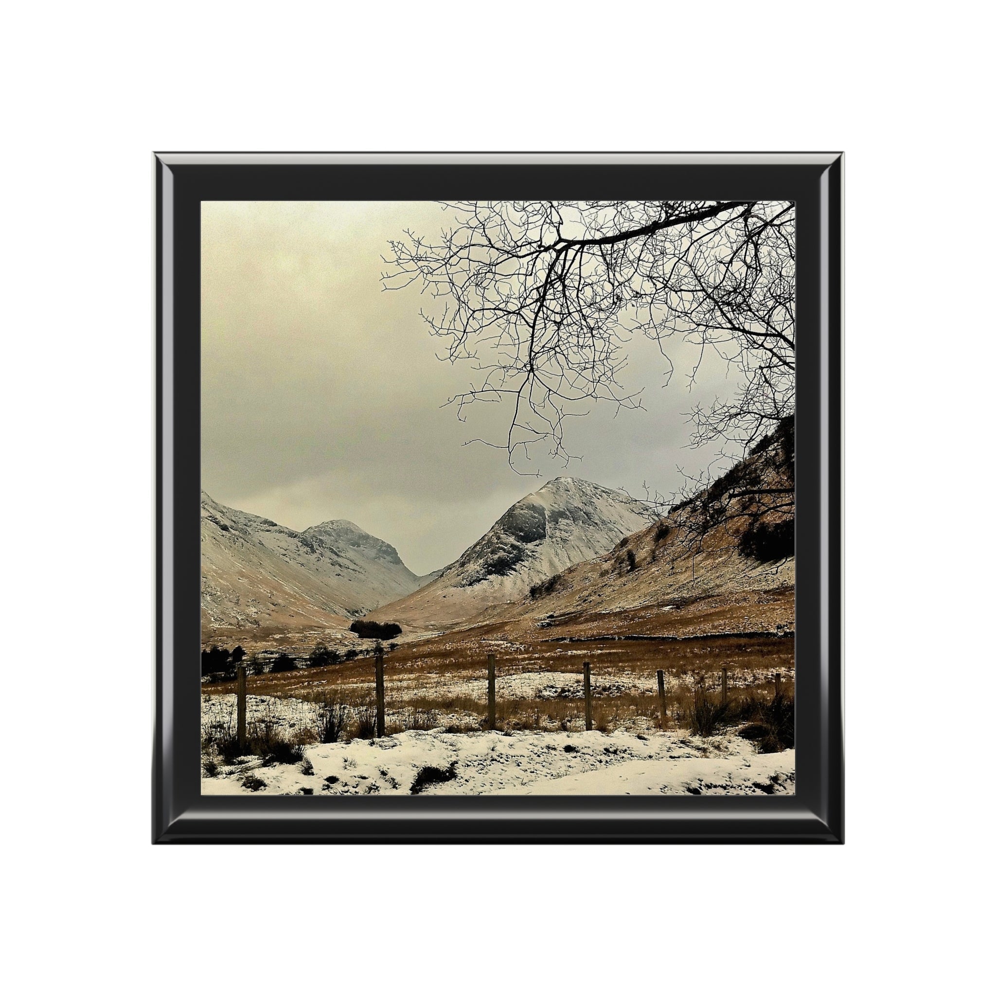 Winter In Glencoe black framed mountain print in jewelry box