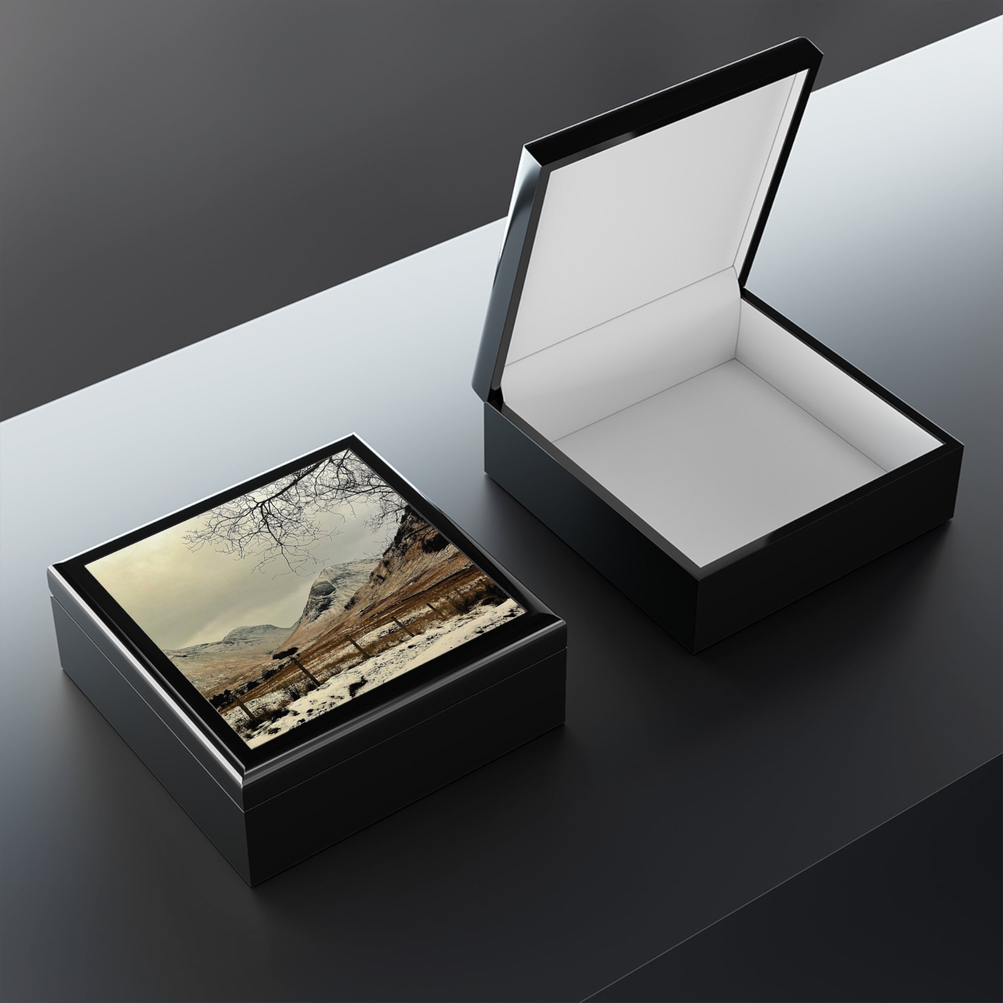 Winter in Glencoe jewellery box with black leather mountain lid and white interior