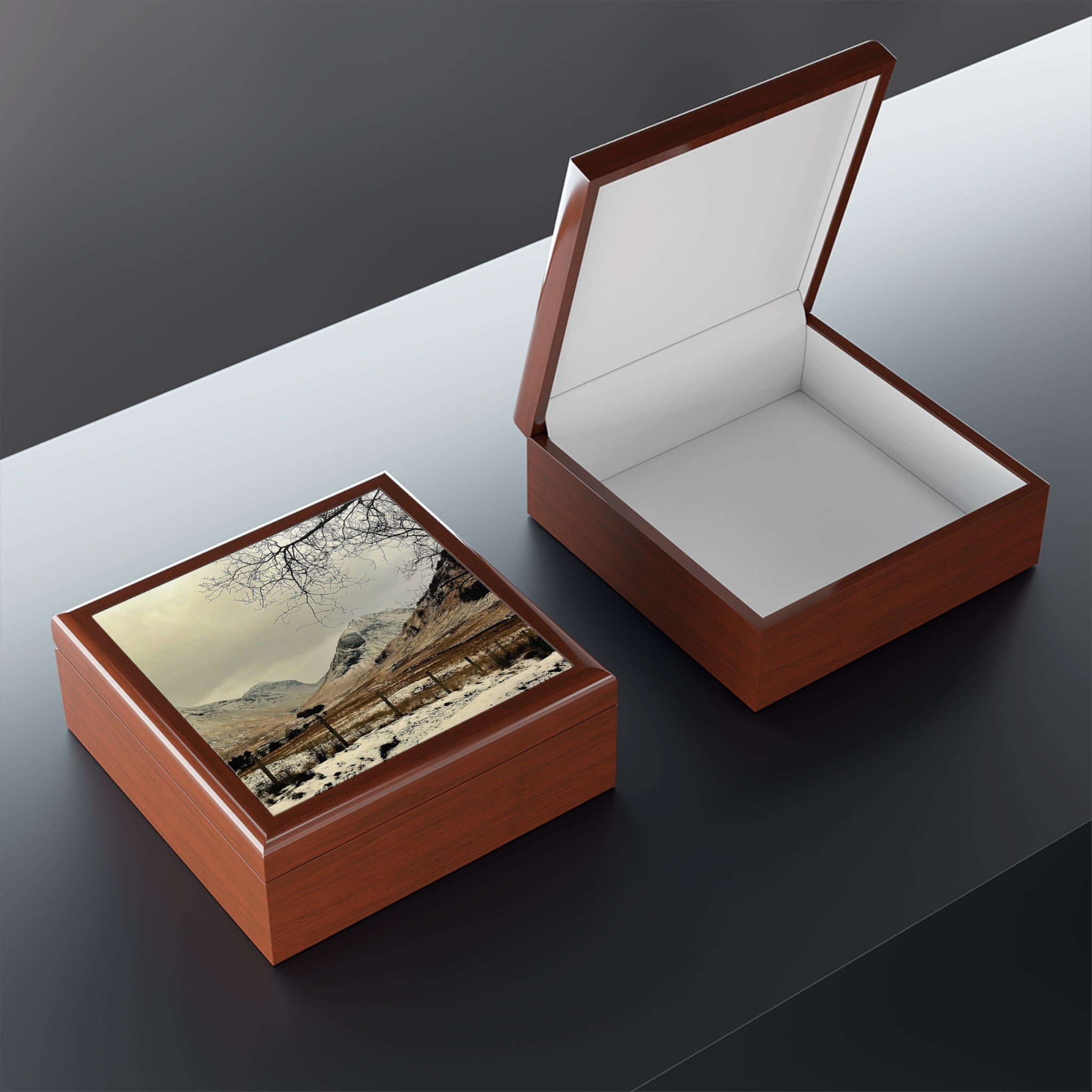 Brown leather jewellery box with white interior, Winter In Glencoe photo lid