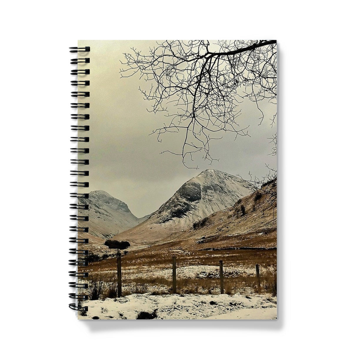 Winter In Glencoe notebook with snow-covered mountain peaks