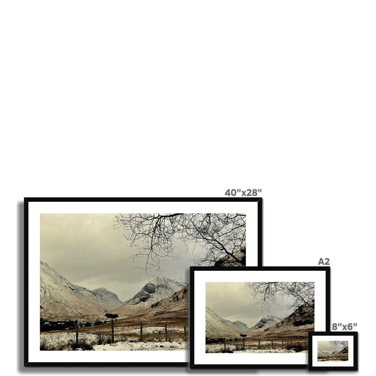 Winter In Glencoe sepia-toned 40x28 inch black framed mountain print