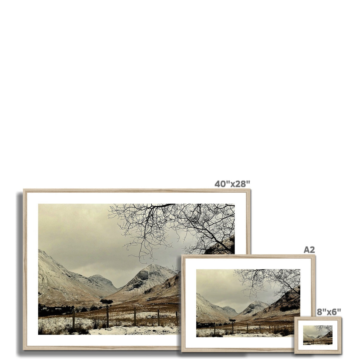 40x28 inch sepia-toned Winter in Glencoe landscape print in white frame