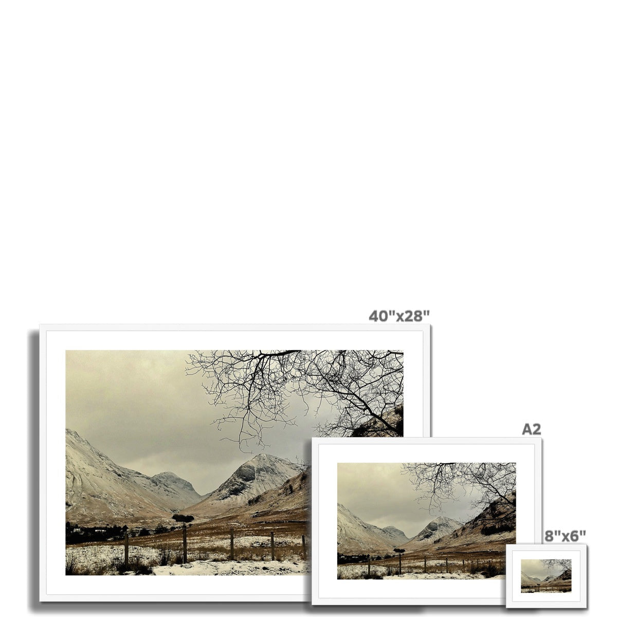 40x28 inch framed Winter In Glencoe mountain landscape print