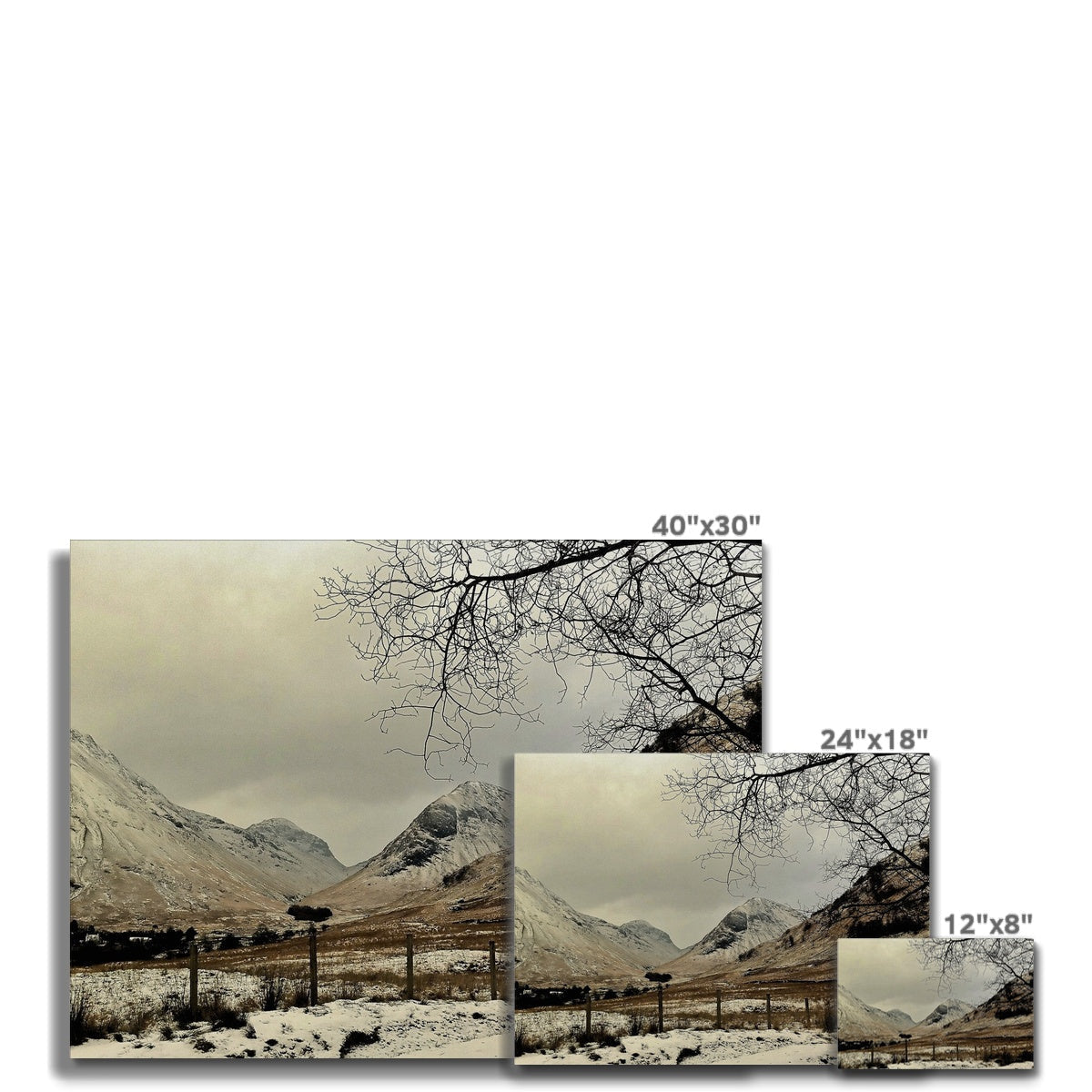 Winter in Glencoe snowy mountain canvas print, 40x30 inches